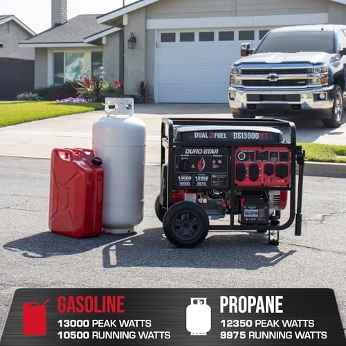 DuroStar DS13000MX dual fuel generator shown outdoors on driveway beside propane tank and red gasoline can with truck in back