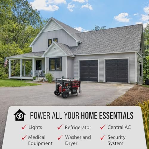 DuroStar DS13000MXT generator placed in driveway of large residential home showing home essentials it can power